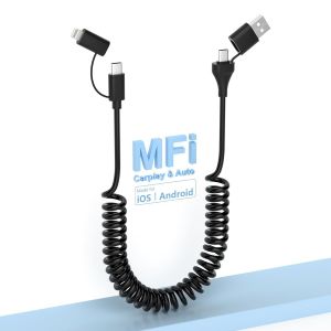 CLOUDDS-Cable Spirale Voiture Pour Apple Carplay&Android Auto Usb C,Certifié Mfi Avec Transmission De Données Et Charge Rapide De 60 W,Câble Usb Vers Lightning Spirale Court Pour Iphone/I-Pad/I-Pod/S - Neuf