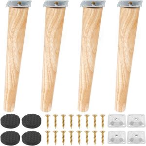 4pcs Pieds De Meuble En Bois,25cm Pieds De Meuble Inclinés Avec Plaque De Montage Vis Et Tapis Antidérapant,Pieds De Meuble Bois De Rechange Pour Lit,Armoire,Tables Et Chaises(25cm,Pieds Inclinés) - Neuf