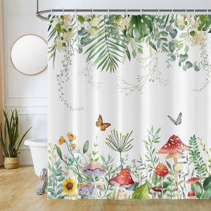 Tianyi-Rideau Douche 180x200cm, Rideau Douche Anti Moisissure Vert Tropicale Feuilles D'eucalyptus Palmier Champignon Rideaux De Baignoire Tissu Lavable Imperm&eacute;able Rideaux De Bain Avec 12 Crochets - Neuf