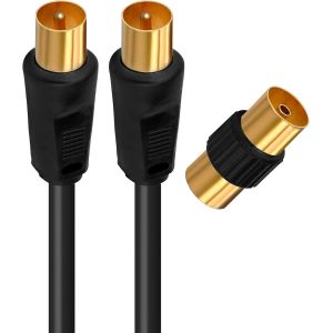 C&acirc;ble TV Antenne 9.52mm, 2 M&egrave;tres, Connecteurs Gold M&acirc;le/M&acirc;le, Cordon Coaxial Noir avec Adaptateur Femelle/Femelle Inclus, Compatible TV D&eacute;codeur TNT Fiche Murale 9.52mm, 408019 - Neuf