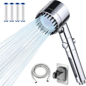 Pommeau de Douche Haute Pression, Pommeau de Douche Anti Calcaire avec Tuyau Douche 1.5m et Support de Douche avec 4 Modes de Jets, 5pcs Remplaçable Filtre,Bouton D'arrêt Instantané (Gris) - Neuf