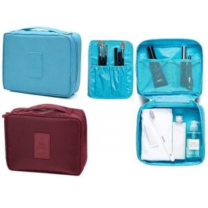Trousse de toilette de voyage et organiseur de pinceaux de maquillage - Lot de 2, bleu ciel et rouge vin - Neuf