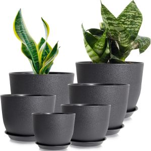 Nouvelhorizonstore-Lot De 6 Pots De Fleurs Avec Soucoupe - 25/23/20/18/16/13 Cm - Avec Trous De Drainage Et Plateaux - Id&eacute;al Pour L'int&eacute;rieur Et Les Jardins De Balcon - Noir - Neuf