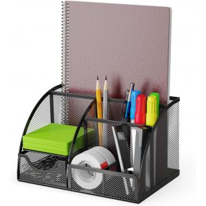 Organisateur de bureau et porte-stylos avec tiroir et 6 compartiments en maille métallique noire. Organisateur de bureau économiseur d'espace pour crayons, notes adhésives, trombones et agrafeuses - Neuf