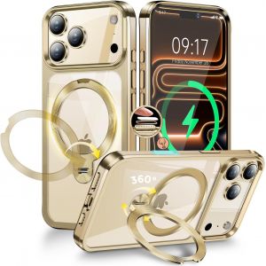 LORANKA-[Anneau en M&eacute;tal CD& 360&deg; Rotation Support Invisible] Coque Magn&eacute;tique pour iPhone 17 Pro Max [Compatible Magsafe] [Pare-Chocs Antichoc Galvanis&eacute;] Coque Fine Transparente avec Support &iquest; Or de - Neuf