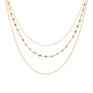 Collier Argent Dor&eacute; Triple Collier Petite Perles Pierre Quartz Rose Fraise - Neuf