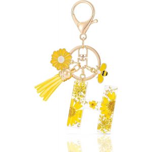 KAL-Letter Keychains Initiale Lettre Porte Clef Lettre,Alphabet Initial Keyring Avec Pampille Pendentif,Jaune Pétales Feuille D'Or Key Ring Pour Femmes Filles Portefeuilles Sac À Main Charme - Neuf
