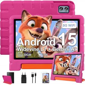 acdsgd-Tablette 10 Pouces Android 15, 30Go RAM+64Go ROM (TF 2To), 5G WiFi Tablettes, Gemini AI, Octa-Core/Widevine L1/Face ID/Contr&ocirc;le Parental/6000 mAh/BT 5.0, Tablette avec &eacute;tui Eva -Rose - Neuf