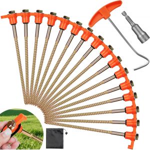 Eryi-16x Piquets De Tente En Acier,Piquet De Tente A Visser Avec Filetage,Crochets De Tente Ancrages Au Sol À Visser,Piquets En Acier Robustes,Avec Crochet En T Pour Sols Durs,Forêt,Herbe - Neuf