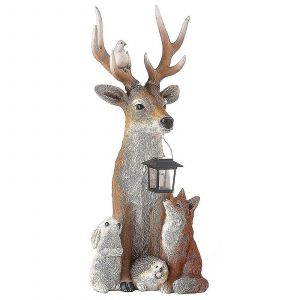 Cerf en résine à énergie solaire avec ornement de jardin de lapin et d'écureuil,décor de patio Sculpture d'animaux en plein air - Neuf