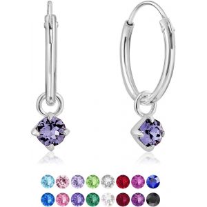 Kal-&reg; Boucles D'oreilles Petites Cr&eacute;oles En Argent Fin 925 Avec Petit Pendentif 3 Mm Cristaux De Swarovski&reg; Elements Ronds - &Eacute;paisseur 1.5 Mm - Diam&egrave;tre: 14 Mm - Choix De Diff&eacute;rentes Couleurs - Neuf
