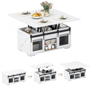 3 en 1 Table Basse avec Plateau Relevable COSTWAY, 2 Portes, &Eacute;tag&egrave;res Ouvertes, Rangement Cach&eacute;, Table Convertible de Salon, Blanc - Neuf