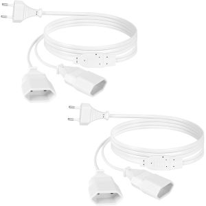 Rallonges d'alimentation, Lot de 2 2m 2 en 1 Câble d'extension de Prise d'extension EU, 0,75 mm² Max. 2.5A/250V Fiche Euro vers Prise Euro pour Ordinateur, TV, PC, Blanc - Neuf