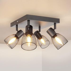 Kal-Spots De Plafond Orientable, Plafonnier Spot Noir E14, Spot Cuisine Industriel 60w San Ampoules, Plafonnier 4 Spots Carré Maille Métallique Pour Chambre Salon Couloir Salle À Manger - Neuf