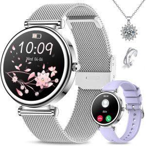 Montre Connectée Femme, 1.27'' Smartwatch Avec Appel Fonction Fréquence Cardiaque/Sommeil/Spo2, 120+ Modes Sport, Montre Connectée Ronde Podometre Ip68 Android Ios,Argent Cadeau Collier Bague - Neuf
