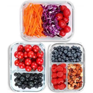 Checarzhn--No1-Meal Prep Lot De 3 Boîtes De Conservation En Verre Avec Couvercle 1, 2 Et 3 Compartiments (1040 Ml) Avec Couvercle Contrôle Des Portions, Hermétique, Sécurité Au Four Et Au Congélateur - Neuf