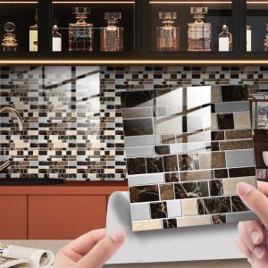 (H) 25Pcs Auto-Adh&eacute;sif de la Mosa&iuml;que Stickers muraux pour les Carreaux de C&eacute;ramique et de Marbre de D&eacute;coration, Hiser, Autocollant Imperm&eacute;able &agrave; l'eau pour la salle de Bains et de la Cuisine (en Noir et Blanc, 20 x 20 cm) - Neuf