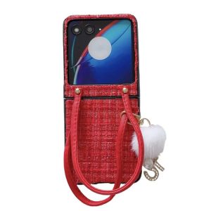 &Eacute;tui En Tissu &Eacute;cossais Et Peluche Pour Motorola Razr 40 Ultra - Rouge - Neuf