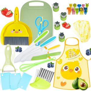 KAL-Kit Couteau De Cuisine Pour Enfants - 31 Pièces Avec Couteau Ondulé Et Planche À Découper - Sécurité Montessori Pour Couper Fruits Ou Légumes - Neuf
