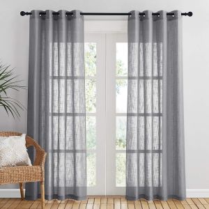 Eryi-Décoration De Fenêtre - Rideaux Voilage En Lin Effet Demi Transparent Avec Oeillets Draperies Souple Motif De Croix Décor Salon, 132 X 210 Cm(52""X84""), Gris Foncé, Lot De 2 - Neuf