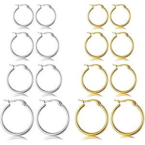 Kal-Boucles D'oreilles Créoles Argent Femme 925 Petites/Or 18 Carats, Ensemble De 8 Paires De Boucles D'oreilles Rondes, Boucle D'oreille En Cartilage Légère À Cliquet Sans Fin Hypoallergénique 10-25 - Neuf