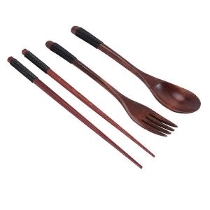 Set De Couverts En Bois,Baguettes,Cuill&egrave;re,Fourchette Avec Fil De Tressage Noir - Neuf