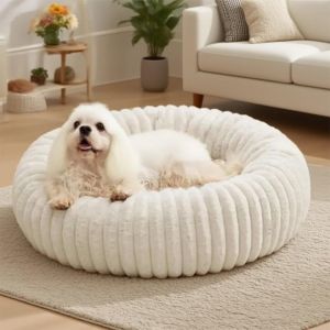Panier Pour Chien Chat Lit Ronde En Forme De Beignet Pour Animaux Lit En Peluche Doux Niche Antid&eacute;rapant Int&eacute;rieur Lits Pour Chats Moelleux Tapis Rond (Beige, Diam&egrave;tre 60cm) - Neuf