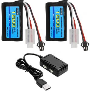 Kyaoayo-2pcs 7.4v 1000mah 2s Batterie Lithium-Ion Avec Prise Sm-2p Et Chargeur 2-En-1 Pour Wpl Mn D90/91,99/99s D12 Rc Voiture; Bateau À Télécommande H101 Et Anstoy Pistolet À Bille Gel - Neuf