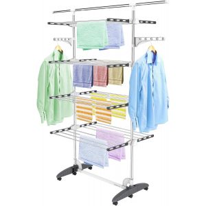 KGABERY-Séchoir À Linge Pliant À 4 Niveaux,Etendoir À Linge Intérieur En Acier Inoxydable,Sèche-Linge Etendoir Pliable Avec Barre Supérieure Extensible,Ailes Réglables En Hauteur,Gris - Neuf