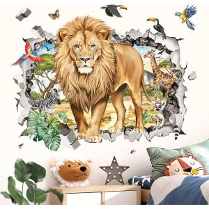 ERYI-Stickers Muraux Enfant Grand 3D Safari Lion Autocollant Mural Animaux De La Jungle Girafe Zèbre Perroquet Décoration Murale Bébé Pépinière Chambre Enfants - Neuf