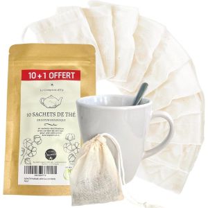 10+1 OFFERT Sachets Filtre a Thé 8x6cm- -Vide-Coton Bio-Cordons-Mousseline-Infusion Chaud ou Froid-Pochon tissu Epices-Infuseur a Thé-Thé en vrac-Lavable-A Remplir-Ecologique-Idée Cadeau - Neuf