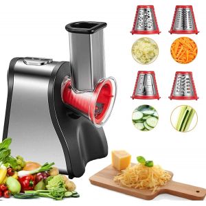 NouvelHorizonstore-4 en 1 R&acirc;pe a L&eacute;gumes &Eacute;lectrique, D&eacute;coupe l&eacute;gumes &eacute;lectrique 200W R&acirc;pe Carottes Hachoir &Eacute;lectrique pour Fromage, Carottes, Pommes de Terre, Concombres, Argent - Neuf