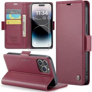 Kal-Coque Pour Iphone 16e+ 2 Pièces Verre Trempé,Antivol,Prend En Charge Le Chargement Sans Fil, Pochette Fermeture Magnétique Flip Case-Bourgogne - Neuf