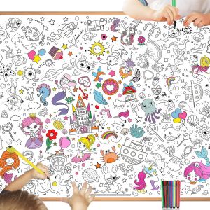 SJZG-Nappe &Agrave; Colorier Licorne G&eacute;ante Pour Enfants - Poster Avec Feutres De Coloriage, Papier Sir&egrave;ne Princesse - Table &Agrave; Colorier Pour Filles Gar&ccedil;ons Anniversaire - Neuf