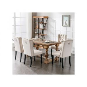 Ensemble de quatre chaises de salle &agrave; manger en velours avec pieds en ch&ecirc;ne, boutons d&eacute;coratifs et finition beige - Neuf