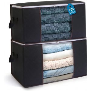 KALANKA-2Pcs 90L Sac de Rangement Vetement Pliable avec FenêTre Transparente, Non-tissé Grande Boite Rangement Vetement pour Couettes, Couvertures Jouets VêTements, 60x40x35cm (Noir) - Neuf
