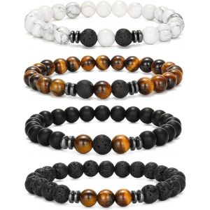 Trahoo-4pcs Bracelets Perle Hommes Set,Bracelet Homme Bracelet Pierre Naturelle 8mm Bracelet Perle Homme Réglable Oeil De Tigre Pierre De Lave Faits À La Main Bracelets Homme Bijoux Cadeau Bracelets - Neuf
