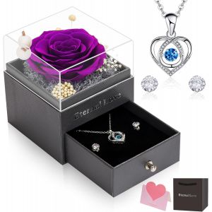 Rose &Eacute;ternelle, No&euml;l Pour Elle Collier Boucles D'oreilles Roses Pr&eacute;serv&eacute;es &Agrave; La Main Coffret Cadeau Pour Manquer Maman S?ur &Eacute;pouse F&ecirc;te Des M&egrave;res Violet - Neuf