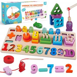 Baby Toy 1 2 3 Years Montessori Games 1 Year Old Baby Gift Toy Fishing Line Child 2 3 4 Years 7 in 1 Educational Wooden Stacking Puzzle Digital Puzzles Table Activity Baby Boy Girl - Neuf