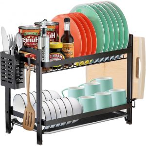 Eryi-Égouttoir À Vaisselle Cuisine 2 Étages Inox - Grande Capacité Avec Plateau Égouttement Et Support Pour Couverts - Noir - Neuf