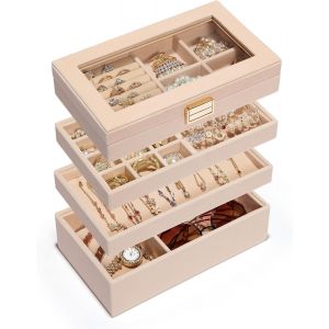 Plateau &Agrave; Bijoux Empilable, Bo&icirc;te &Agrave; Bijoux Avec Couvercle En Verre, S&eacute;parateurs Amovibles Pour Coiffeuse, Id&eacute;al Cadeau Pour Filles Et Femmes (Abricot) - Neuf