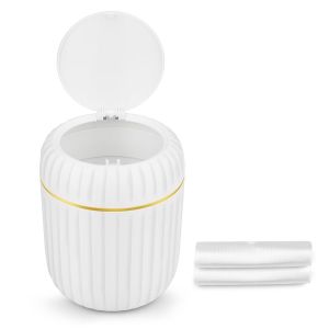 Petite Poubelle De Bureau En Plastique Avec Couvercle &Agrave; Pression, Pour Cuisine, Salle De Bain, Chambre, Bureau, Coiffeuse, Avec 40 Feuilles De Sacs Poubelle (Blanc) - Neuf