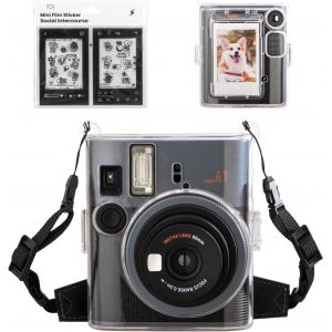 SJZG-Housse Transparent Pour Instax Mini 41 Cam&eacute;ra Instantan&eacute;, Fuji Mini 41 &Eacute;tui De Protection Rigide En Pvc Avec Poche Pour Photos - Avec Bandouli&egrave;re R&eacute;glable En Cuir Et Autocollant Noir - Neuf