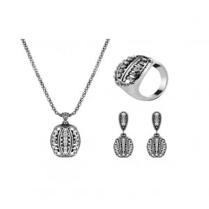 Femmes &Eacute;l&eacute;gant Bijoux De Mari&eacute;e Ensemble Alliage Pendentif Collier Boucles D'oreilles Bague (Argent) - Neuf