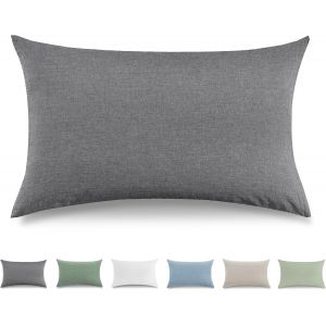 Cauc-Taie Oreiller 40x70 Cm Lot De 2housse Coussin 100% Coton Lav&eacute; Doux, Aspect Lin Et Respirant, Taie D Oreiller Gris Fonc&eacute; Avec Fermeture &Eacute;clair - Neuf