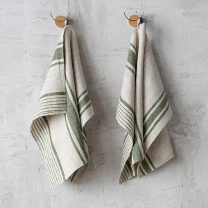 Ulteronixshop-Provence Torchons de Cuisine Lot de 2 - Lin 100%, 45x66 cm - Torchon Vaisselle Absorbant avec Accroche - Torchon Cuisine Vaisselle fabriqu&eacute;s en Lituanie - Naturel/Vert for&ecirc;t - Neuf