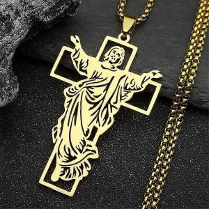 Orthodoxe Jésus Crucifix Croix Pendentif Collier Pour Femmes/Hommes Acier Inoxydable Couleur Or Mâle Chaîne Bijoux Collier N4573s02 - Neuf