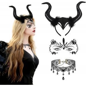 Accessoire D'halloween Pour Femme - Cornes De Diable - Costume De Sorci&egrave;re D'halloween Avec Collier En Dentelle Gothique R&eacute;tro - Accessoires De Serre-T&ecirc;te - Costume De Carnaval De Rue - Bandeau De - Neuf