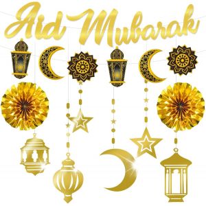 MEVRONISSHOP-Decoration Aid Moubarak 2025 Decoration Eid Noir Or Eid Mubarak Decoration Or Banderole Aid Mubarak Etoile Lune Guirlande Spirale Etoile Lune - D&eacute;cor Jardin Maison Restaurant - Neuf