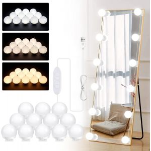 Lumière de Miroir,12 Ampoules Hollywood Kit de Lumière LED Dimmable Lampe pour Miroir Cosmétique Salle de Bain 3 Couleurs 10 Niveaux de Luminosité (Miroir Non Inclus) - Neuf